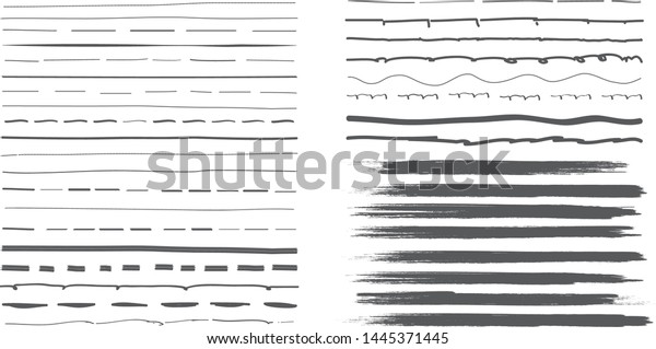 Lines hand drawn paint brush stroke. Vector set\
isolated on white background. Collection of grey distressed and\
doodle lines, hand drawn template.Gray marker,ink and grunge brush\
stroke lines, vector