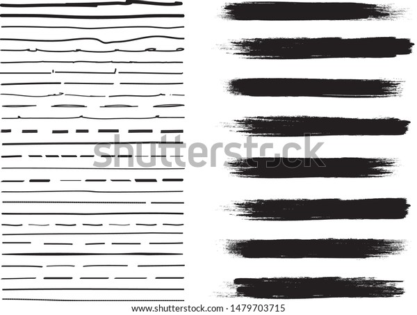 Lines hand drawn paint brush stroke. Vector set\
isolated on white. Collection of distressed, doodle, pen and pencil\
lines. Hand drawn scribble. Black border, ink and grunge brush\
stroke lines, vector