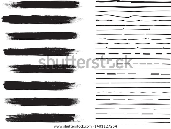 Lines hand drawn paint brush stroke. Vector set
isolated on white. Collection of distressed, doodle, pen and pencil
lines. Hand drawn scribble. Black border, ink and grunge brush
stroke lines, vector