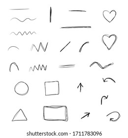lines hand drawn set with different shape. doodles design element isolated on white background. vector illustration
