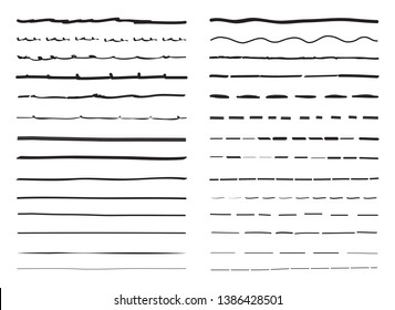 Lines hand drawn vector set isolated on white background. Collection of doodle lines, hand drawn template. Black marker and grunge brush stroke lines, vector illustration