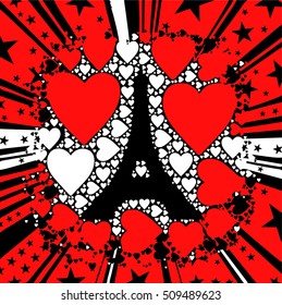 lines with hearts and eiffel tower silhouette illustration
