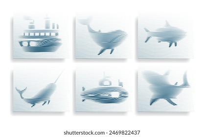 Lines Hologram Effect Sea Wavy Blue with whale, shark, swordfish, flounder, narval, cargo ship, Vector Background Set 