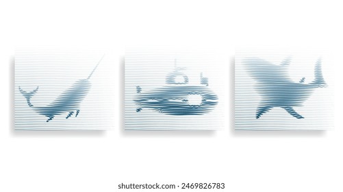 Lines Hologram Effect Sea Wavy Blue with  shark,  narval,  submarine,   Vector Background Set 