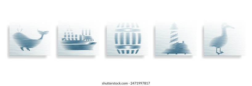 Lines Hologram Effect Sea Wavy Blue with sea gul, cargo ship, whale, barrel, lighthouse, Vector Background Set 