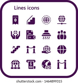 lines icon set. 16 filled lines icons.  Collection Of - Invoice, Stairs, Worldwide, Stationery, Hood, Bowling pins, Line