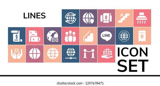  lines icon set. 19 filled lines icons. Simple modern icons about  - Worldwide, Invoice, Line, Stationery, Bowling pins, Stairs, Hood