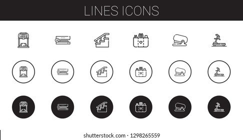 lines icons set. Collection of lines with treadmill, stapler, stairs, pocket. Editable and scalable lines icons.