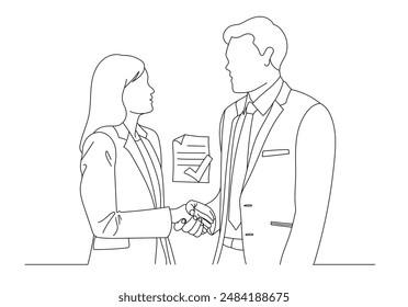 A lines illustration of a business man and business woman do shake hands for agreement