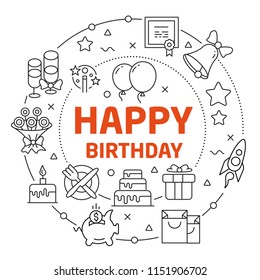 Lines Illustration Flat Circle and icons happy birthday