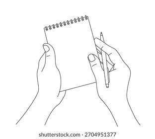 Lines Illustration of hands holding a notebook and pen. Minimalist outline drawing for writing, planning, note taking, education, creativity, and productivity themes.