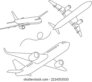 Illustrationen. Zeichnungen von Plane-Linien. Flying Passagier-Flugzeug. Reisen
