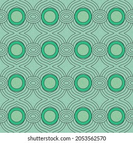 Die Linien verschließen sich in einem Kreis. Starke grüne Töne in Mustern und Hintergründen.