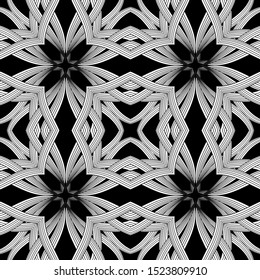 Lines intricate vector seamless pattern. Black and white ornamental intricacy background. Geometric repeat backdrop. Ethnic style line art ornament with stripes, shapes, abstract flowers, curves.
