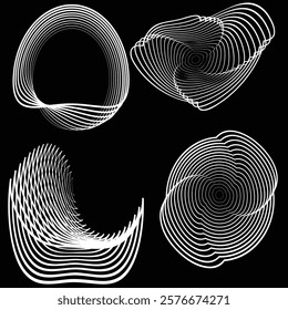 Lines in irregular Form . Rotate rounded shape Vector Illustration .Rotating shapes form a ring.Rotating design element . Various lines forming round frame . Abstract Geometric line art .
