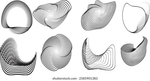 Lines in irregular Form . Rotate rounded shape Vector Illustration .Rotating shapes form a ring.Rotating design element . Various lines forming round frame . Abstract Geometric line art .