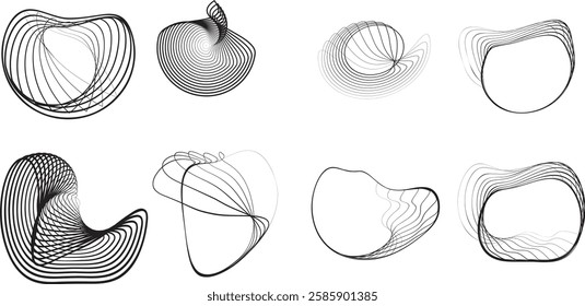 Lines in irregular Form . Rotate rounded shape Vector Illustration .Rotating shapes form a ring.Rotating design element . Various lines forming round frame . Abstract Geometric line art .