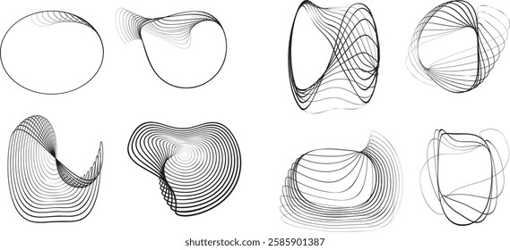 Lines in irregular Form . Rotate rounded shape Vector Illustration .Rotating shapes form a ring.Rotating design element . Various lines forming round frame . Abstract Geometric line art .