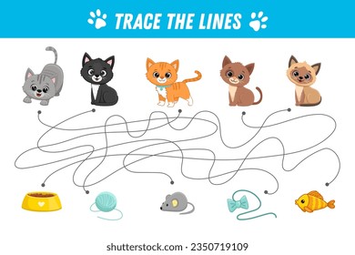 lines for kids. Cute cats. Cartoon kitten. Educational game for preschool kids. Activity page. Vector