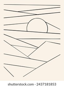 Linien Landschaft Panorama Poster. Geometrie zeitgenössische Hintergründe. Sonne und Berge Vektor-Illustration