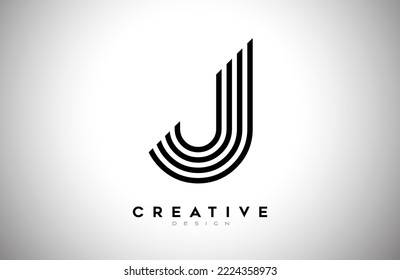 Lines Letter J Logo with Black Lines and Monogram Creative Style Design Vector. Minimalist J Letter Icon Design made of Lines 