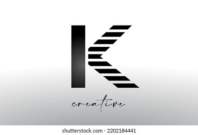 Lines Letter K Logo Design with Creative Lines Cut on half of The Letter in Black and White Colors Vector.