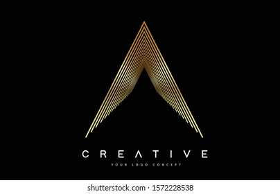 A Lines Letter Logo Vector Design. Creative A Letter Icon with Golden Lines Vector Illustration.