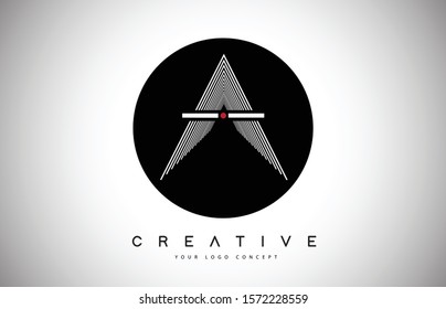 A Lines Letter Logo Vector Design. Creative A Letter Icon with White Parallel Lines and Black Circle Vector Illustration.