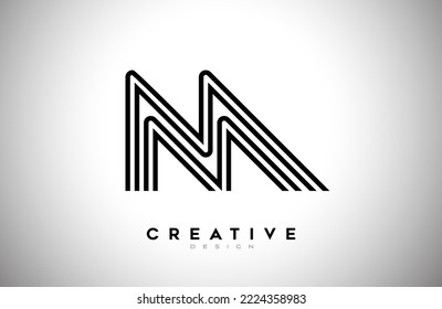 Lines Letter M Logo with Black Lines and Monogram Creative Style Design Vector. Minimalist M Letter Icon Design made of Lines 