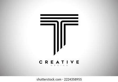 Lines Letter T Logo with Black Lines and Monogram Creative Style Design Vector. Minimalist T Letter Icon Design made of Lines 