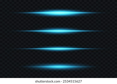 Linhas de luz e brilho. Realces horizontais neon. Linhas azuis. Raios horizontais. Efeito de clarão.