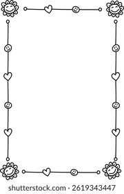 Líneas Enlace soles sonrientes, corazones y rostros en un marco dibujado a mano.  Un borde simple y alegre utiliza iconos de alegría y afecto para crear un rectángulo lúdico. Ilustración vectorial de dibujos animados