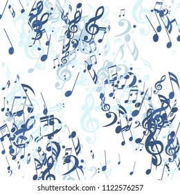 Lines of Musical Notes. Abstract Background with Notes, Bass and Treble Clefs. Vector Element for Musical Poster, Banner, Advertising, Card. Minimalistic Simple Background.