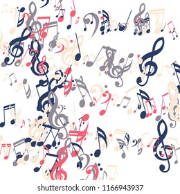 Lines of Musical Notes. Abstract Background with Notes, Bass and Treble Clefs. Vector Element for Musical Poster, Banner, Advertising, Card. Minimalistic Simple Background.