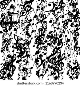 Lines of Musical Notes. Abstract Background with Notes, Bass and Treble Clefs. Vector Element for Musical Poster, Banner, Advertising, Card. Minimalistic Simple Background.