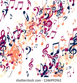 Lines of Musical Notes. Abstract Background with Notes, Bass and Treble Clefs. Vector Element for Musical Poster, Banner, Advertising, Card. Minimalistic Simple Background.