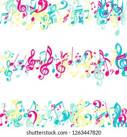 Lines of Musical Notes. Abstract Background with Notes, Bass and Treble Clefs. Vector Element for Musical Poster, Banner, Advertising, Card. Minimalistic Simple Background.