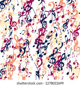 Lines of Musical Notes. Abstract Background with Notes, Bass and Treble Clefs. Vector Element for Musical Poster, Banner, Advertising, Card. Minimalistic Simple Background.