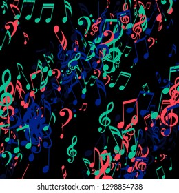 Lines of Musical Notes. Abstract Background with Notes, Bass and Treble Clefs. Vector Element for Musical Poster, Banner, Advertising, Card. Minimalistic Simple Background.