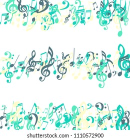 Lines of Musical Notes. Creative Background with Notes, Bass and Treble Clefs. Vector Element for Musical Poster, Banner, Advertising, Card. Minimalistic Simple Background.