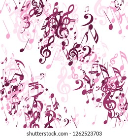 Lines of Musical Notes. Creative Background with Notes, Bass and Treble Clefs. Vector Element for Musical Poster, Banner, Advertising, Card. Minimalistic Simple Background.