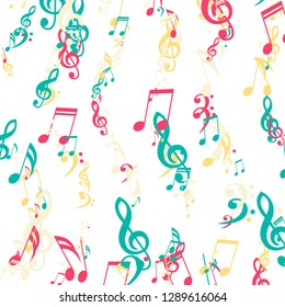 Lines of Musical Notes. Creative Background with Notes, Bass and Treble Clefs. Vector Element for Musical Poster, Banner, Advertising, Card. Minimalistic Simple Background.