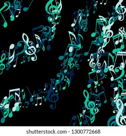 Lines of Musical Notes. Creative Background with Notes, Bass and Treble Clefs. Vector Element for Musical Poster, Banner, Advertising, Card. Minimalistic Simple Background.