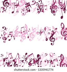 Lines of Musical Notes. Creative Background with Notes, Bass and Treble Clefs. Vector Element for Musical Poster, Banner, Advertising, Card. Minimalistic Simple Background.