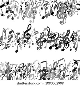 Lines of Musical Notes. Modern Background with Notes, Bass and Treble Clefs. Vector Element for Musical Poster, Banner, Advertising, Card. Minimalistic Simple Background.