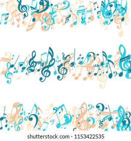 Lines of Musical Notes. Modern Background with Notes, Bass and Treble Clefs. Vector Element for Musical Poster, Banner, Advertising, Card. Minimalistic Simple Background.