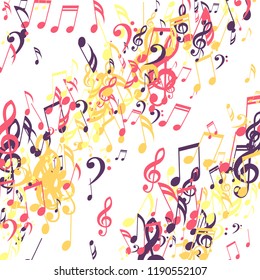 Lines of Musical Notes. Modern Background with Notes, Bass and Treble Clefs. Vector Element for Musical Poster, Banner, Advertising, Card. Minimalistic Simple Background.