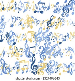 Lines of Musical Notes. Modern Background with Notes, Bass and Treble Clefs. Vector Element for Musical Poster, Banner, Advertising, Card. Minimalistic Simple Background.