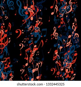 Lines of Musical Notes. Modern Background with Notes, Bass and Treble Clefs. Vector Element for Musical Poster, Banner, Advertising, Card. Minimalistic Simple Background.