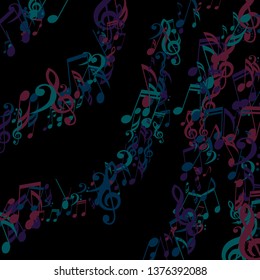 Lines of Musical Notes. Modern Background with Notes, Bass and Treble Clefs. Vector Element for Musical Poster, Banner, Advertising, Card. Minimalistic Simple Background.